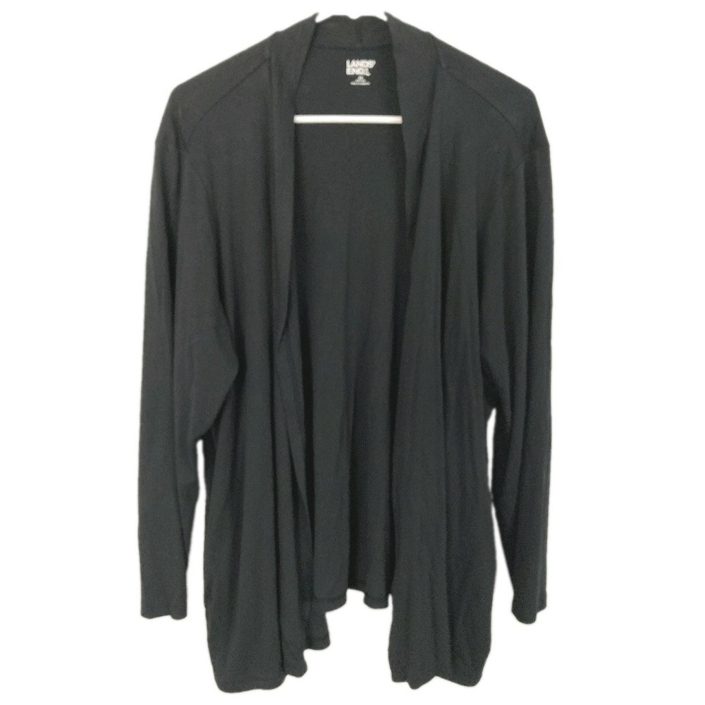 Lands' End Cardigan Sweater Women 2X Black Cotton Modal Open Front Jersey Knit